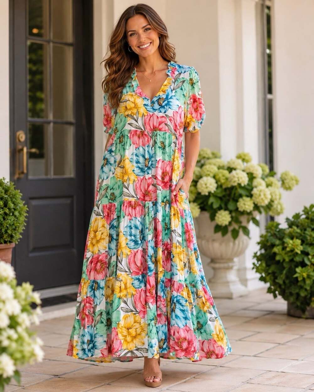 Crown & Ivy XL Cottagecore Floral Tiered Dress Pockets Puff Sleeve Bold Colorful
